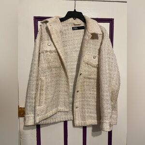 ZARA Off-White Textured Tweed Button-Up Jacket – Size M